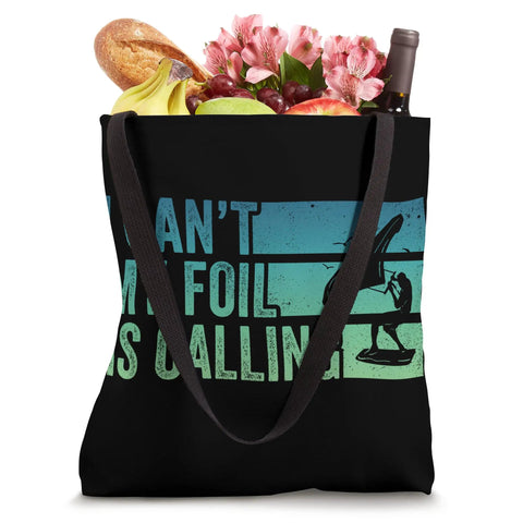 I Cant My Foil Is Calling Wing Foil Wingsurfing Tote Bag 16x16 inch, black handles, filled with groceries and flowers