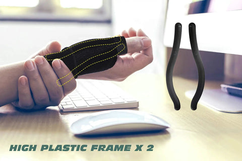 Person wearing Copper Ions Compression Thumb And Wrist Stabilizer Splint For Hand Pain Relief Tendonitis Carpal Tunnel Arthritis And Sprains All Day Comfort Breathable Durable Reversible Support For BlackBerry Thumb And Injured Hands No Slip Fit at computer showing product fit and plastic frame