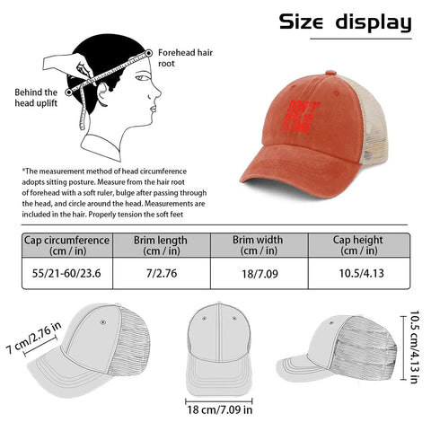 Dope Trucker Hat For Women And Girls Saffron Washed Distressed Low Profile Cap with size chart and measurement guide