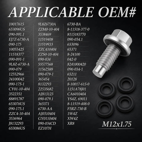 Premium M12 Oil Drain Plug Kit With Five Gaskets Fits Chevy GMC Ford Lincoln Zinc Plated Engine Oil Bolt Replacement For EJ7Z6730A And More Perfect Fit And Heavy Duty Leaks To Stop, M12x1.75 plug and washers