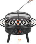 36 Inch Wood Burning Fire Pit With Spark Screen And Fire Poker, showing steel cross weave design, measurements highlighted