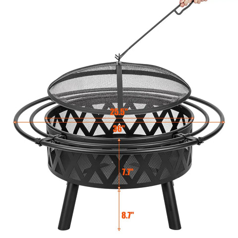 36 Inch Wood Burning Fire Pit With Spark Screen And Fire Poker, showing steel cross weave design, measurements highlighted