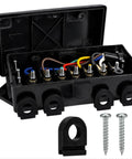 Slick Trailer Wiring Junction Box For Rv And Camper Lights Seven Gang Automotive Connector Rewiring Kit with open cover and color-coded wires.