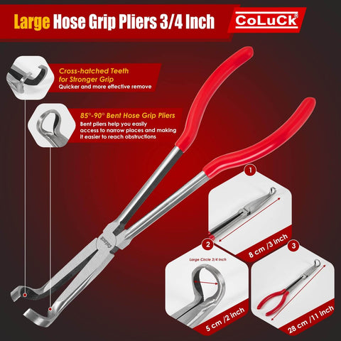 11 Inch Hose Gripper Pliers Set With Three Diameters 5/16 Inch, 1/2 Inch, And 3/4 Inch Serrated Jaws displayed with red handles