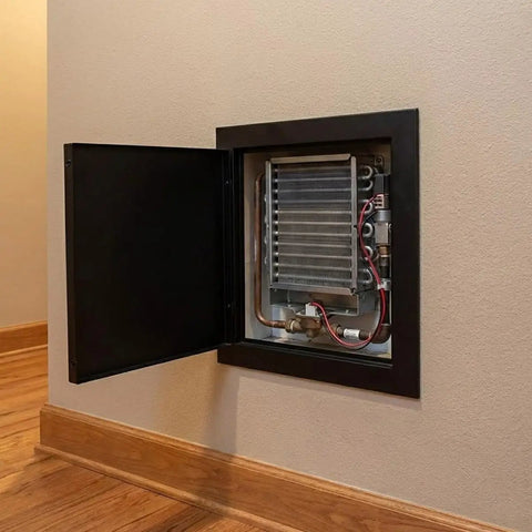White 32X32 Inch Aluminum Ceiling Access Panel For Drywall Smooth Push Open Spring Hinge Waterproof Utility Hatch opened to show plumbing access.