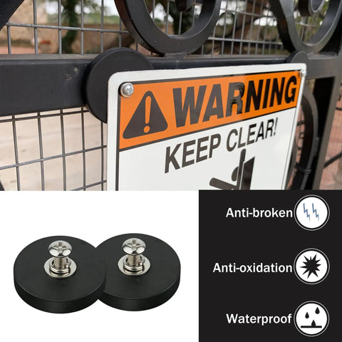 10 Pack Rubber Coated NdFeB Magnets With M4 Female Threads holding warning sign on metal gate, anti-broken, anti-oxidation, waterproof features