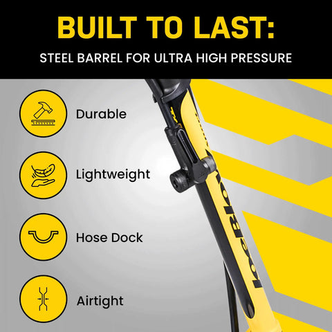 High Pressure Bike Floor Pump for Precision Inflation, Steel Barrel, 160 PSI, durable design, hose dock, yellow and black finish