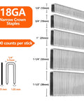 18GA narrow crown staples, 100 count per stick, 1/4" crown, 1/2" to 1-1/2" lengths, for pneumatic and electric staplers