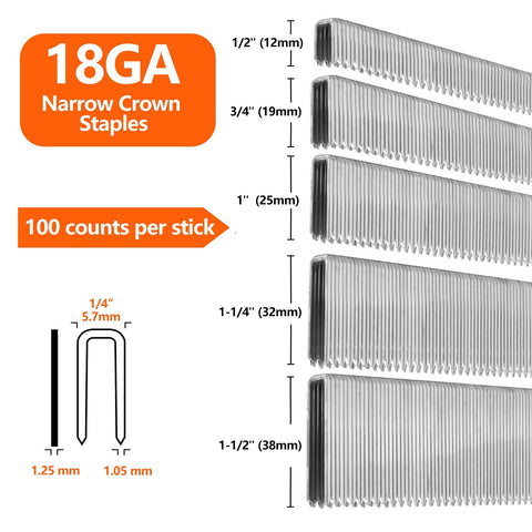18GA narrow crown staples, 100 count per stick, 1/4" crown, 1/2" to 1-1/2" lengths, for pneumatic and electric staplers