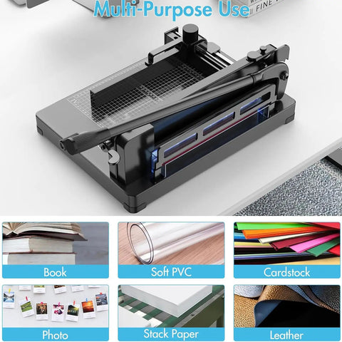 Heavy Duty A4 Paper Cutter With Metal Base Trimming Machine For Scrapbooking Office And Copy Shop Use Cuts Up To 31.5 Cm And Handles 380 To 400 Sheets A True Workhorse In Black, shown with material samples