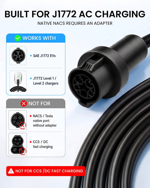 Built for J1772 AC charging with compatibility details for Hella Reliable 21 Foot J1772 EV Extension Cord 50 Amp Level 2.