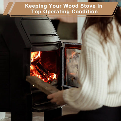 Wood stove with open door and a person loading firewood into the firebox