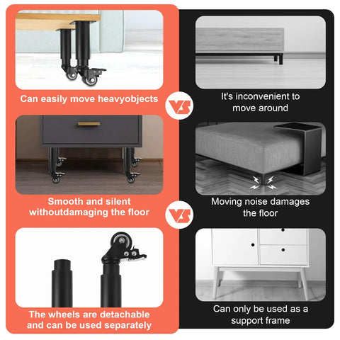 Comparison of furniture with and without Adjustable Metal Furniture Legs With Swivel Casters, 4 Pack, Heavy Duty Replacement Table Legs For Cabinet Sofa Bed Dresser Couch Coffee Table, Height Adjustable From 5.1 To 7.9 Inches, Easy Height Tuning And Stable Support.