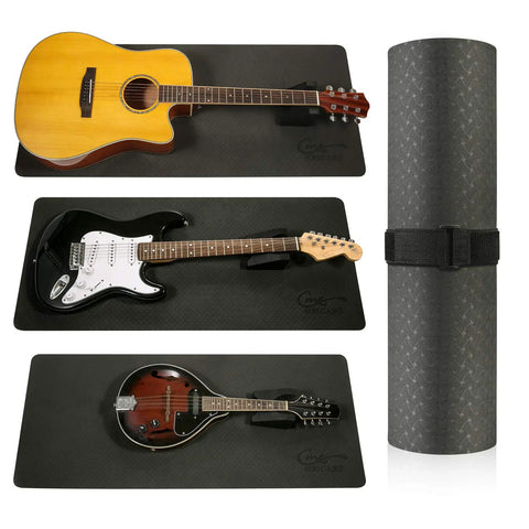 Guitar Work Mat Kit With Dual Height Neck Support Rest And String Winder Cutter Tool Pro Grade features acoustic, electric guitars, and mandolin on mats.