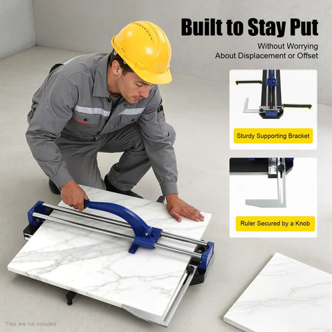Heavy Duty 31 Inch Manual Tile Cutter With Reinforced Frame For Smooth Ceramic And Porcelain Splits, Pro Level Tungsten Scoring Wheel in use.