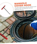 Rock Solid T Shaped Manhole Cover Lifter Hook Forged From Reinforced Steel Rod With A No Slip Grip For Reaching Down Into Deep Sewers And Yanking Open Heavy Roller Doors, shown lifting a manhole cover.