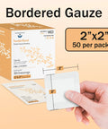 Close-up of hand holding Bordered 2x2 Sterile Adhesive Gauze Pad, easy peel square gauze from 50-count box for wound protection.
