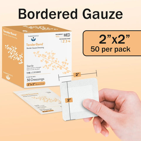 Close-up of hand holding Bordered 2x2 Sterile Adhesive Gauze Pad, easy peel square gauze from 50-count box for wound protection.