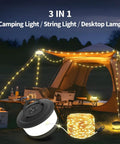 Two Pack Rechargeable Camping String Lights 32.8ft With 19 Lighting Modes illuminating a tent and camping setup at night.