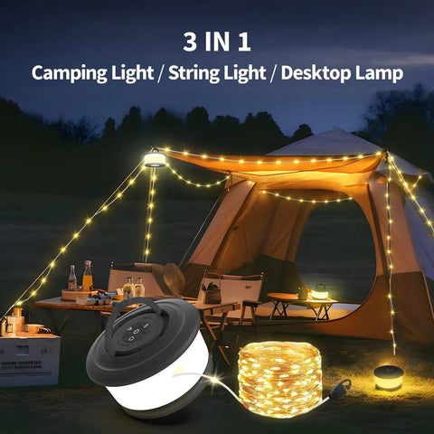 Two Pack Rechargeable Camping String Lights 32.8ft With 19 Lighting Modes illuminating a tent and camping setup at night.