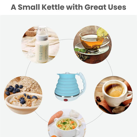 Ultra Thin Collapsible Travel Electric Kettle With Auto Shut Off And Keep Warm 110V, 555ml Food Grade Silicone, Blue, shown with various beverages and foods.