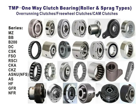 Various types of one-way clutch bearings including MZ, BB, and CSK, for rotating shafts and power transmission systems.