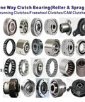 Various roller and sprag type one way clutch bearings displayed, including TMP series for conveyors, gearboxes, and automation projects.