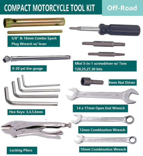 Compact Motorcycle Tool Kit For Roadside Service And ATV UTV Repairs with wrenches, spark plug wrench, hex keys, tire gauge, pliers, screwdriver