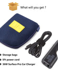 No Drama 36W Car Charger For Microsoft Surface Pro And Laptop Fast Charging Adapter With Usb Port And Five Foot Cable Plus Travel Case with power cord in storage case.