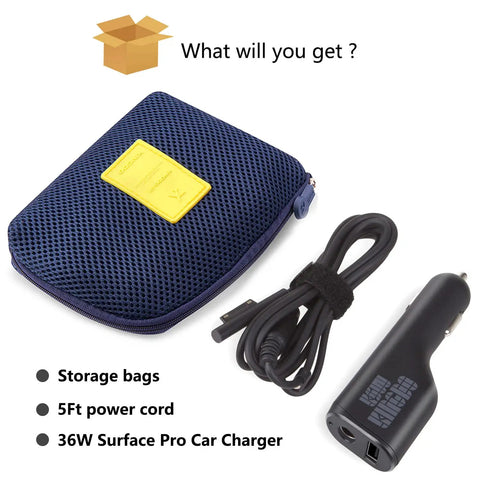 No Drama 36W Car Charger For Microsoft Surface Pro And Laptop Fast Charging Adapter With Usb Port And Five Foot Cable Plus Travel Case with power cord in storage case.