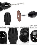 Close-up of Keyless Drill Chuck and Brass Collet Set for Dremel Rotary Tools, Pro Grade 3-Jaw 4486 chuck with collets and accessories