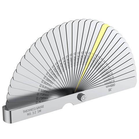 Front view of a 6-inch stainless steel vernier caliper with a 32-blade feeler gauge fanned out