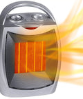 Compact Ceramic Space Heater 1500W 750W With Thermostat For Office And Bedroom emitting warm air, silver design.