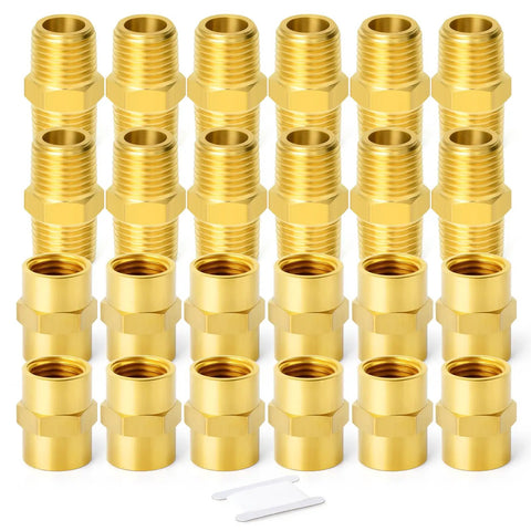 24 Brass Pipe Fittings Hex Nipple and Hex Coupler 3/8 Inch NPT Male and 3/8 Inch NPT Female Threads with Teflon tape