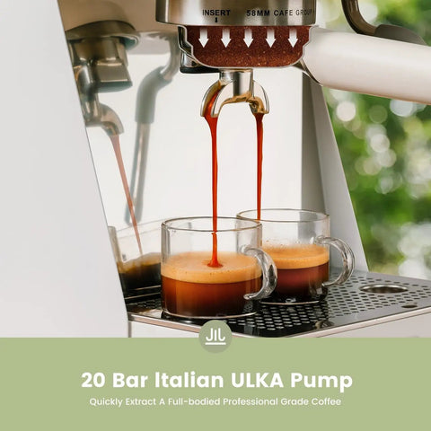 Close-up of 20 Bar Espresso Machine With 58mm Portafilter And Milk Frother dispensing espresso into cups