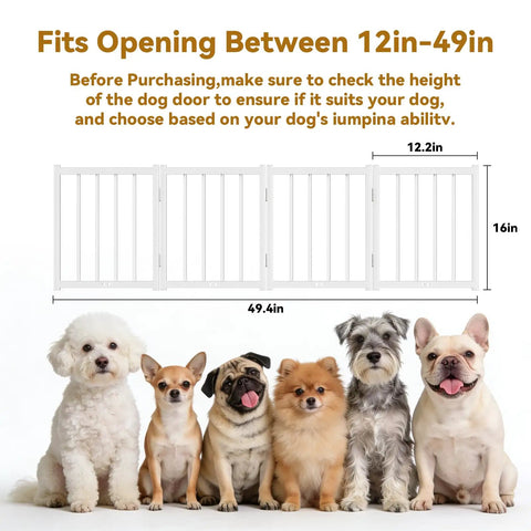 Short Dog Gate For Tiny Paws Under Fifteen Pounds With Foldable Four Panel Barrier Expands To Forty Eight Inches Wide easy doorway fit between 12-49 inches with happy small dogs