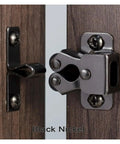 Antique Copper Cabinet Door Roller Catches With Double Latches, Striker And Mounting Screws in black nickel finish on wood panel