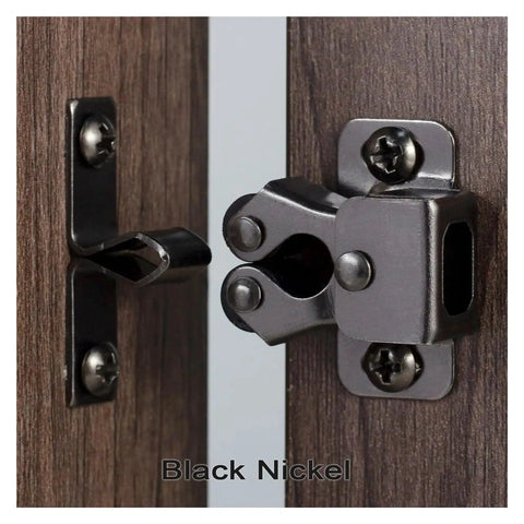 Antique Copper Cabinet Door Roller Catches With Double Latches, Striker And Mounting Screws in black nickel finish on wood panel