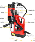 Powerful 1400W Magnetic Drill Press With 2 Inch Boring Capacity And 810 RPM, includes motor, coolant tank, and magnetic base.