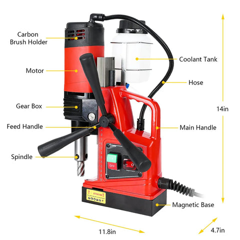 Rock Solid 110V Magnetic Drill Press 1100 Watts 550 Rpm One Point Six Inch Max Bore detailed view showing motor, coolant tank, and controls.