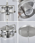 Close-up of Three Light Glass Pendant Light with Brushed Nickel Finish and Clear Glass Shades, adjustable cord detail.