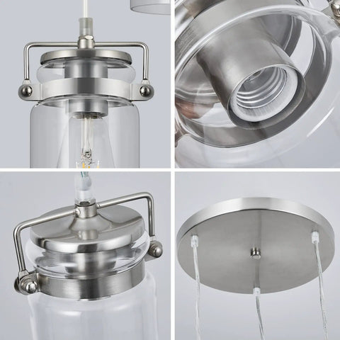 Close-up of Three Light Glass Pendant Light with Brushed Nickel Finish and Clear Glass Shades, adjustable cord detail.