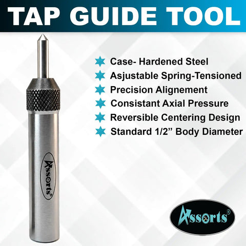 Spring Loaded Tap Guide Center Tool For Lathe And Milling Machines with features listed, Assorts branding visible
