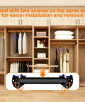 Stainless Steel Wardrobe And Shower Curtain Rod Bracket Set, U Shaped Open Socket Ends, 1 Inch Pole End Supports Flange, Heavy Duty Build, No Fuss Install, Durable Four Pack For Home Or Office Use, black bracket mounted in wardrobe closet