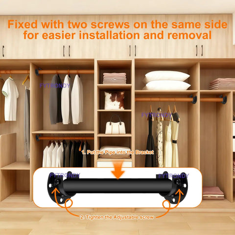 Stainless Steel Wardrobe And Shower Curtain Rod Bracket Set, U Shaped Open Socket Ends, 1 Inch Pole End Supports Flange, Heavy Duty Build, No Fuss Install, Durable Four Pack For Home Or Office Use, black bracket mounted in wardrobe closet