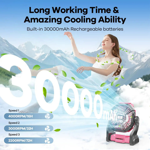 Woman enjoying breeze from Ultra Portable 30000mAh Solar Fan With LED Lantern And 10W Solar Panel Battery Powered Camping Fan