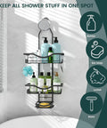 Must Have Overhead Shower Organizer With Adjustable Height Rustproof Caddy With Hooks And Soap Holder Extended Length Large Capacity Anti Swing Design Black Finish Easy Install displayed in bathroom.