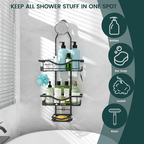 Must Have Overhead Shower Organizer With Adjustable Height Rustproof Caddy With Hooks And Soap Holder Extended Length Large Capacity Anti Swing Design Black Finish Easy Install displayed in bathroom.