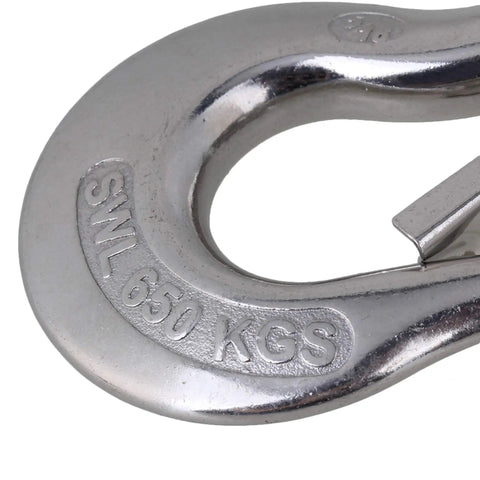 Close-up of the American Style 304 Stainless Steel Swivel Lifting Hook With Safety Latch, showing 650 kg rating.
