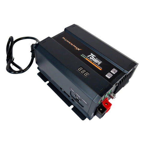Badass 75 Amp RV Converter Charger with compact design, side view showing ports and digital display for easy use.